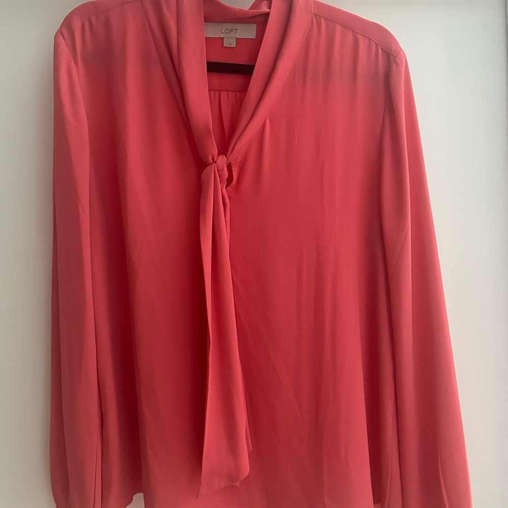 LOFT Pink Long Sleeve Tie Front Blouse